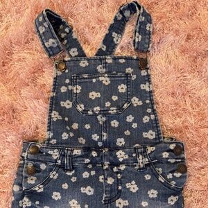 Floral printed denim short overalls